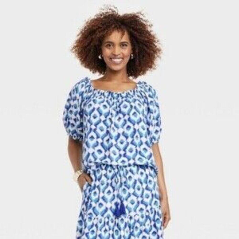 Knox Rose Women's Elbow Sleeve Peasant Blouse Blue Ikat Casual Size L
